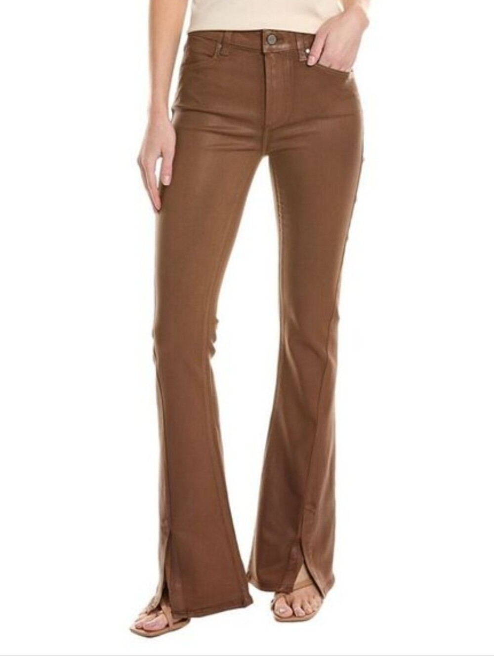 Paige High Rise Lou Lou Jolene Jeans With Slit In Coated Cognac